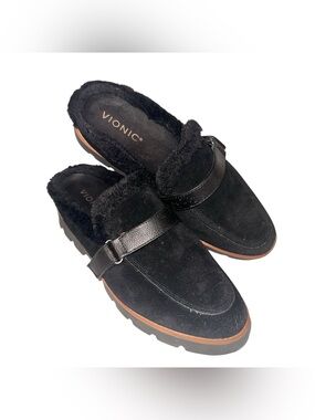 Vionic Black Size 8 Kailen Suede Shearling Faux Fur Slip-On Mules Lug Soles